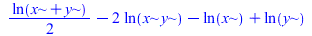 `+`(`*`(`/`(1, 2), `*`(ln(`+`(x, y)))), `-`(`*`(2, `*`(ln(`*`(x, `*`(y)))))), `-`(ln(x)), ln(y))
